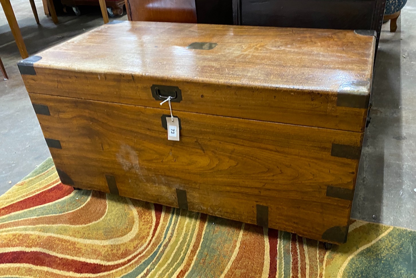 A 19th century brass bound camphorwood trunk with original wicker tray interior, length 103cm, depth 51cm, height 53cm